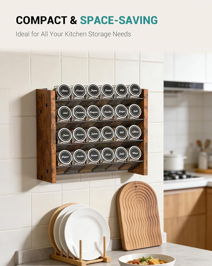 NESAPTO Spice Rack Organizer with 24 Glass Spice Jars, Wood 4-Tier Seasoning Organizer with Labels for Cabinet, Pantry, Countertop or Wall Mount, Chalk Marker and Funnel Set, 12.2" W × 9.4" H