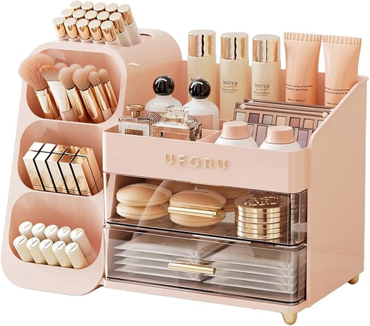 UFORU Makeup Organizer Countertop with Brush Holder for Vanity Bathroom | Large Capacity, Thickened Plastic, 2 Clear Drawers, Compact Size, Detachable Brush Holder, Divided Compartments, Easy Access