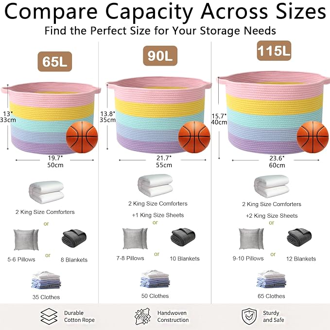 115L Large Blanket Basket,Rope Woven Laundry Basket-Colorful | Collapsible, reinforced handles, nursery storage bin organizes clothes, toys and pillows for living room, bedroom bathroom