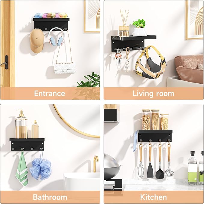 Dog Leash Holder for Wall, Key Holder Wall Mount, Metal Dog Leash Hooks, Pet Stuff Storage Shelf for Leash Hanger, Entryway Organizer Key Rack for Pet Collar, Treats, Toys, Mail (Black)