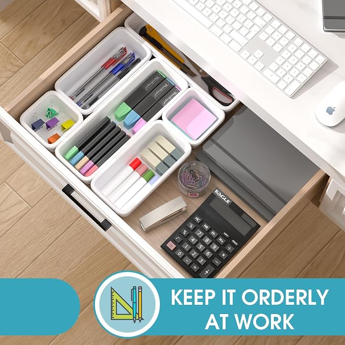 6 PCS Drawer Organizer Set, 3 Size Makeup Drawer Divider Organizer With Non-Slip Pads, Interlocking Plastic Storage Bins for Office,Jewelry Vanity,Gadgets, Bathroom,Kitchen, White
