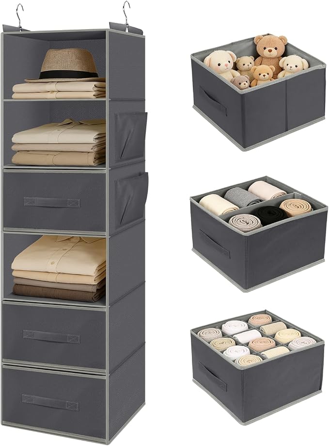 Hanging Closet Organizer 6-Shelf with 3 Drawers & Side Pockets, Closet Organizers and Storage for Dorm, Nursery & Wardrobe Organization, Hanging Shelf Clothes Organizer for Sweaters, Shoes, Gray