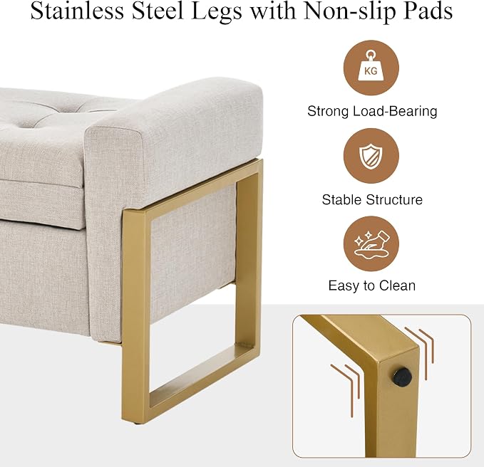 adochr 57" Storage Ottoman Bench, Upholstered End of Bed Bench, Beige | Metal Legs & Button-Tufted, Linen Ottoman with Storage 500 lb Capacity for Living Room, Bedroom, Entryway