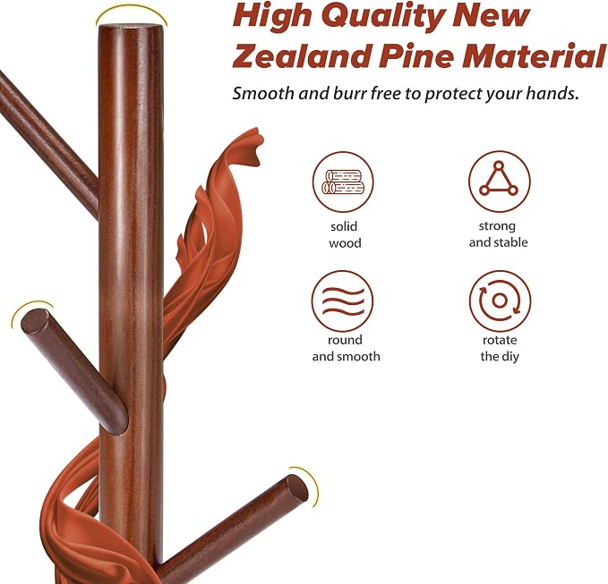 8-Hook Freestanding Coat Rack 3 Adjustable Heights Sturdy Brown | Easy Tool-Free Setup,Ideal for Entryway Bedroom Hallway Office,Holds Clothes Hats Handbags,Space-Saving Vertical Design