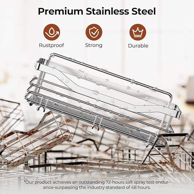 Orimade Shower Caddy Basket Shelf with 5 Hooks Adhesive Organizer Storage Rack Rust Resistant Wall Mounted Stainless Steel No Drilling for Bathroom, Toilet, Kitchen - 2 Pack