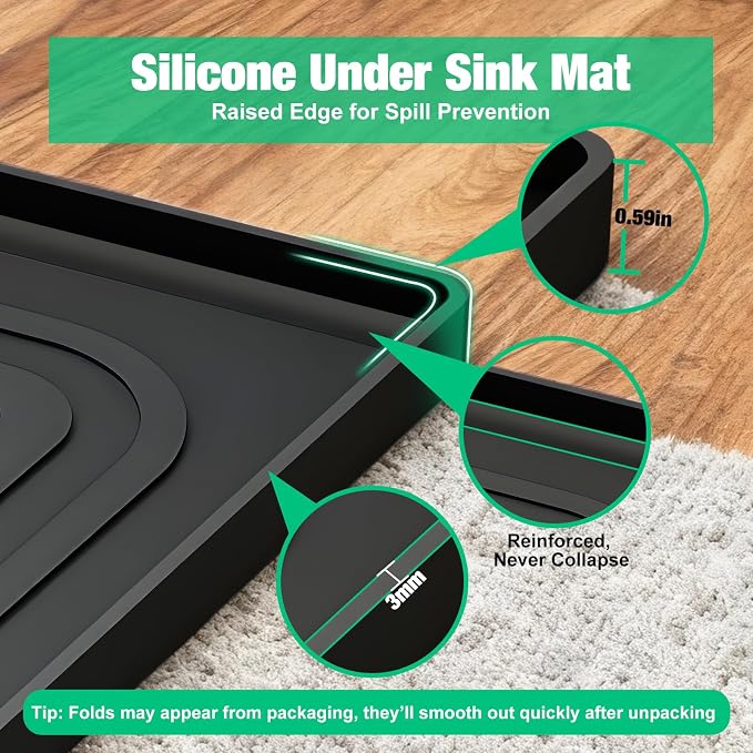 Under Sink Mat 31 X 22, Waterproof Silicone Cabinet Kitchen Liner, Black | Raised-Edge Cabinet Protector & Leak Tray for Bathroom Cabinets, Boots, Pet Feeding Mats, Dog & Cat Bowls, Dishwasher Safe