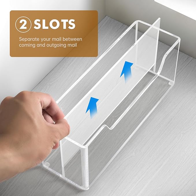 BEYGORM Acrylic Mail Organizer for #10 Envelopes, Wall-Mounted, 2-Slot | Clear, Hanging Mail Rack, Countertop Letter Holder, for Home & Office