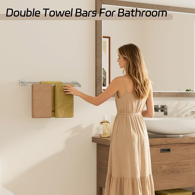 Alise Double Towel Bar, 24" Towel Rack for Bathroom Wall, Brushed Nickel | SUS304 Stainless Steel Bathroom Towel Holder, Quick Drying Towel Hanger Towel Rod, Useable Length 22.9"