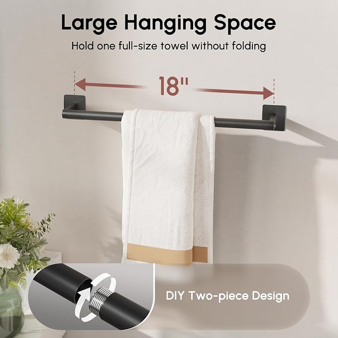 Matte Black Towel Bar, 18 Inch Towel Racks for Bathroom Wall Mounted, Heavy Duty Stainless Steel Towel Holder, Easy Installation (Total Length 20 Inch) (Pack of 2)