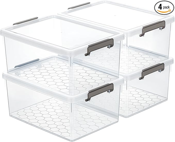 Citylife 33 Qt Ultra-Thick Plastic Clear Storage Bins with Lids, 4-Pack | Heavy-Duty Straight-Wall Plastic Bins with Honeycomb Base and Pinch-Free Latches for Closets, Garages, and Decor, BPA-Free