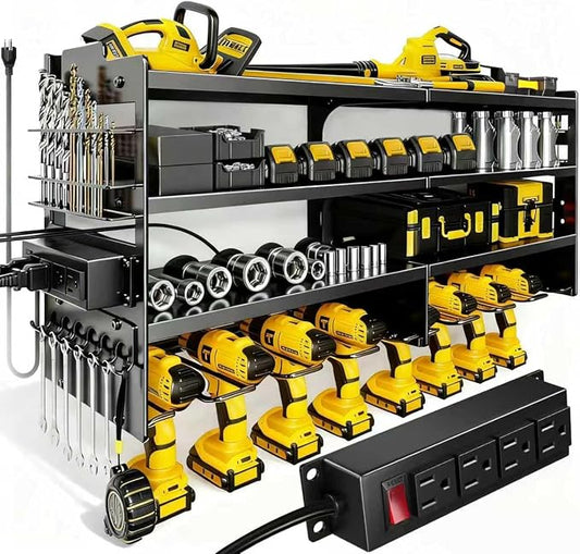 Heavy Duty Power Tool Organizer Wall Mount with Charging Station with 4 Power Strip, 4 Layer Tool Storage Rack with 8 Drill Holder, 700 lbs load capacity