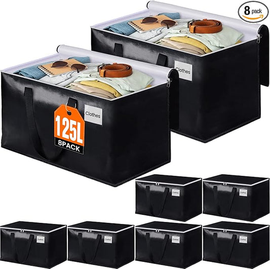 BlissTotes Moving Bags, Heavy Duty Moving Boxes with Zippers Top and Sturdy Handles, Storage Bags for Space Saving and Packing, Collapsible Moving Supplies, Storage Totes (125L, 8-Pack, Black) | Foldable, with Zippers, Tag Pocket & Handles, Reusable, S...