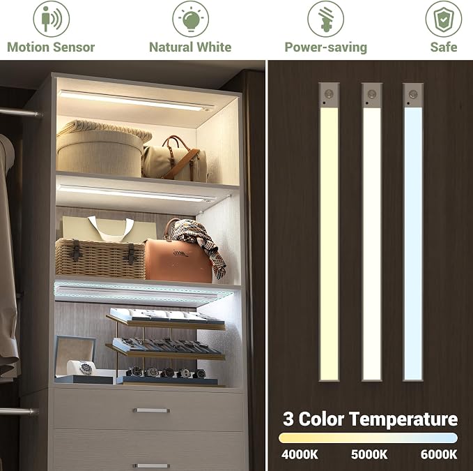 Besiost Closet System with Smart Sensor Lights, 4-8 FT Closet Organizer System with 2 Wooden Drawers and 5 Hanging Rods, Can Fit 60 to 96 inch Built-in Walk-in Closet System, White