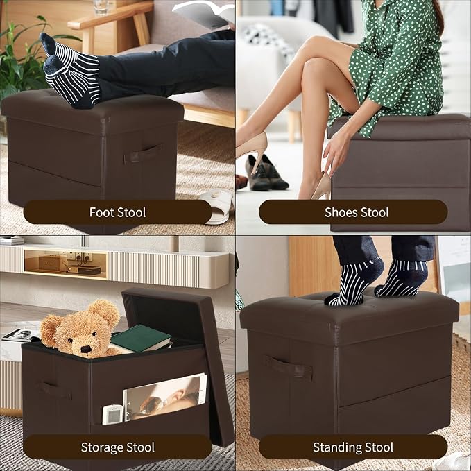 BelugaHelper Storage Ottoman Foot Rest Stool, Foldable Leather Footstool Storage Bench with Thicker Foam Padded Seat. Foot Rest Under Desk for Living Room Bedroom 350 lbs, 17x13x13 in, Brown | Small Ottoman with Storage with Thicker Foam Padded Seat, F...