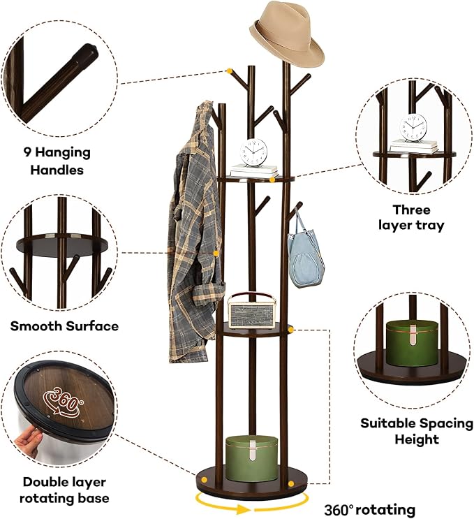 Freestanding Coat Rack, Solid Pine Wood Rotary Coat Tree with 3 Shelves and 9 Hanging Handles, Coat Hanger Stand for Bedroom, Entryway, Livingroom(Walnut Color)