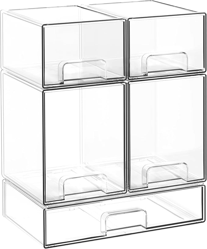 Stackable Storage Drawers, 5 Pack Clear Acrylic Makeup & Bathroom Organizer, Versatile Storage Bins for Vanity, Under Sink, Kitchen Cabinets & Pantry (5 Pack)
