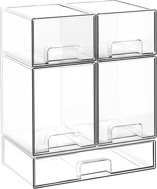 Stackable Storage Drawers, 5 Pack Clear Acrylic Makeup & Bathroom Organizer, Versatile Storage Bins for Vanity, Under Sink, Kitchen Cabinets & Pantry (5 Pack)