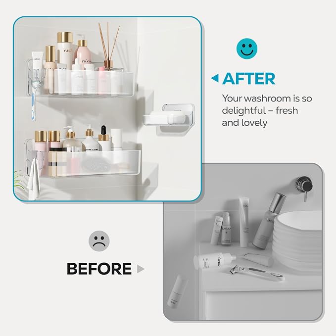 Nieifi Adhesive Shower Shelves, Clear, 3 Pieces | Rustproof ABS, Large Capacity, Removable Design, Easy-Clean, No Drilling Shower Organizer for Bathroom Storage & Home Decor