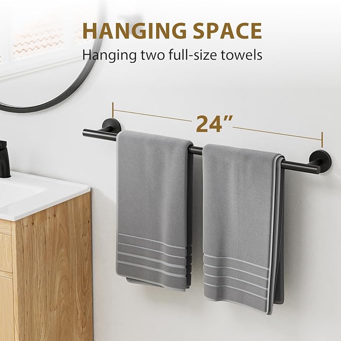 Luxbaro 24 Inch Matte Black Towel Bar, Thicken, Total Length 26-Inch | Towel Rack for Bathroom Wall, SUS304 Stainless Steel Towel Rod, Modern Home Decor