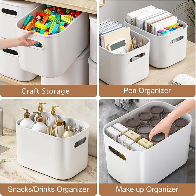 6 Pack White Storage Bins with Lids Stackable Storage Container for Organizing, Small Storage Boxes with Handle for Shelves, Cute Organizer Bins for Craft, Snacks, 9.85x6.9x5.7 inch
