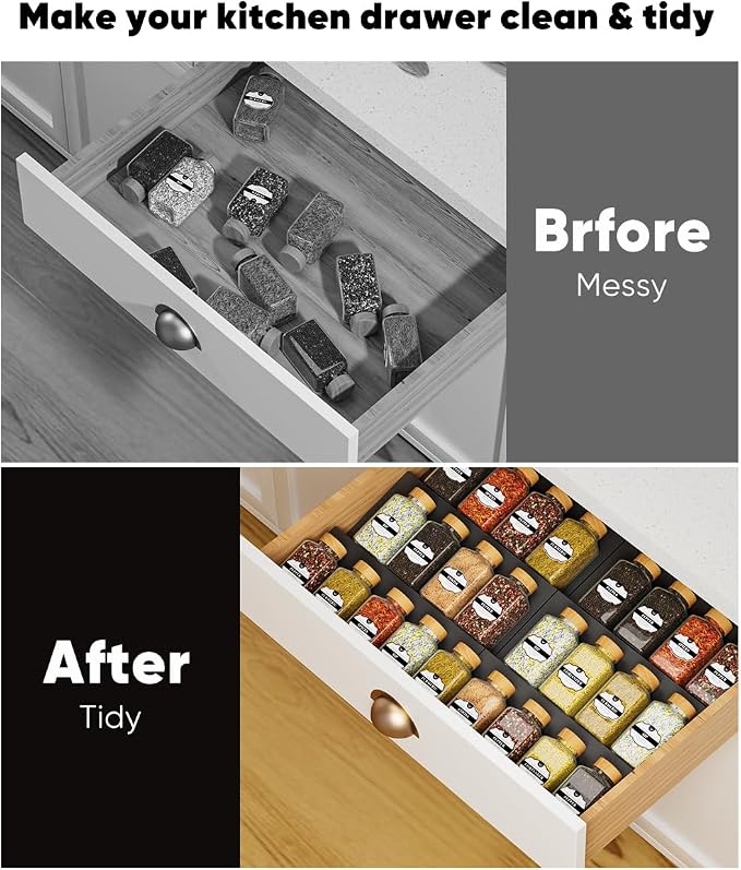 Spice Drawer Organizer, Spice Rack Tray for Kitchen Cabinet, Expandable Seasoning Storage Rack Insert for Drawer/Countertop,9 Pieces Set, Aluminum (Jars Not Included)