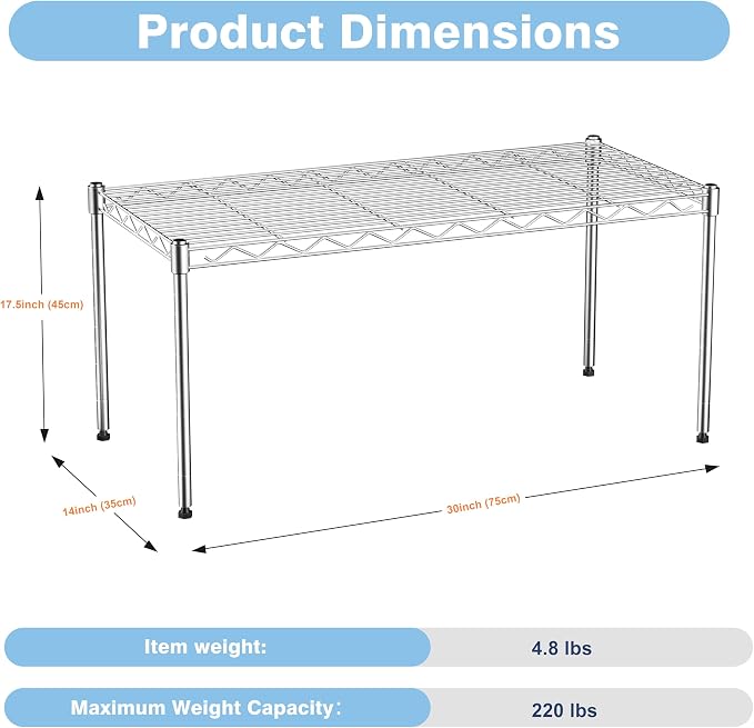 1-Tier Wire Shelf Rack,Single Metal Shelves Rack,1 Tier Metal Shelf,Chrome | 30"Wx14"Dx17"H,Height Adjustable Metal Wire Shelving Unit and Storage for Kitchen,Cabinet,Countertop,Under-Sink,Closet,Pantry