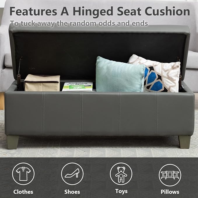 41" Storage Ottoman, Storage Bench with Safety Hinge, Upholstered Synthetic Leather Ottoman Bench for Bedroom, Living Room, Entryway, Hallway, Foot Rest, Support 500lbs, Grey