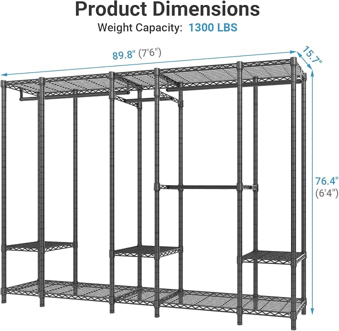VIPEK V50 Heavy Duty Clothes Rack with Adjustable Shelves, Black | 1300 Lb Capacity, 10 Shelves, 4 Hanging Rods, Open Closet, L-Shape/Straight, Heavy-Duty Steel, for Bedroom/Reach-In Closet