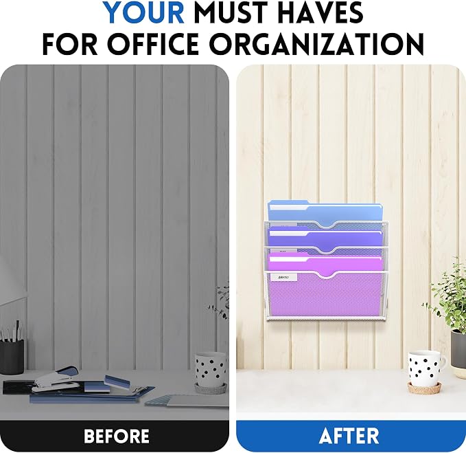 3-Tier Wall File Organizer, Hanging File Organizer, White | Wall-mounted mail storage holds papers, folders, files, clipboards and magazines, assembly required for office or home use.