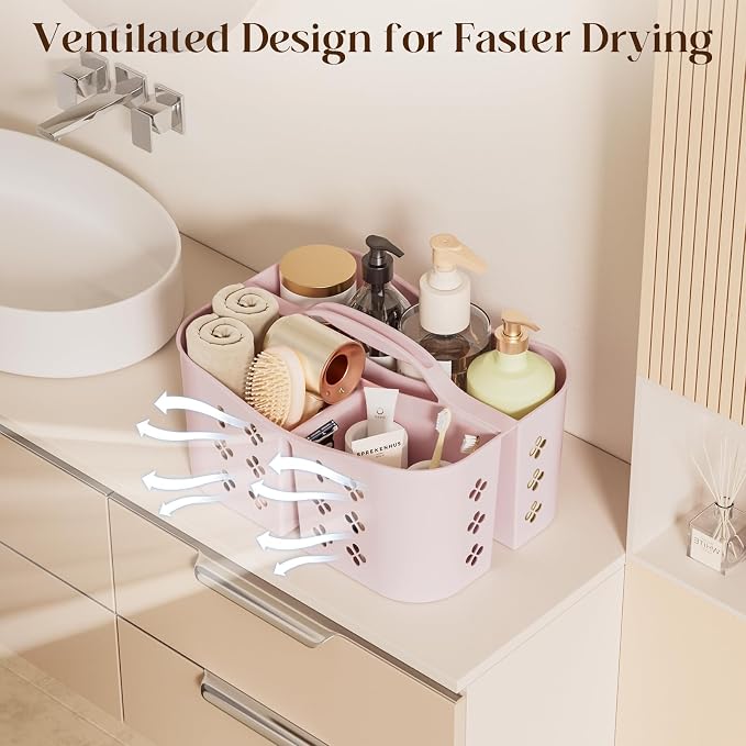 Portable Shower Caddy with Handle, Large Capacity Shower Basket Organizer, Quick-Drain Bathroom Storage Tote, Durable Plastic Shower Organizer for College Dorm, Beach, Gym, Travel Essentials, Pink