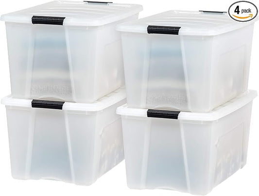 IRIS USA 4-Pack 72 Quart Storage Bins with Lids, Pearl | Conceals contents for a clean look. Perfect for moving, blankets, clothing, and garage storage. Nestable design saves space