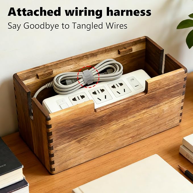 Acacia Wood Cable Management Box, Wooden Cord Hider Organizer for Power Strip, Desk/Floor/TV Wire Storage, Under Desk Cable Organizer for Home Office