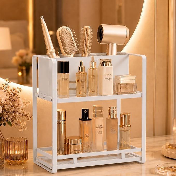 Bathroom Counter Organizer, Metal Vanity Shelf with Hair Dryer Holder | 2 Tier Hair Tool Organizer, Large Capacity Space-Saving, For Perfume, Skincare & Makeup Storage