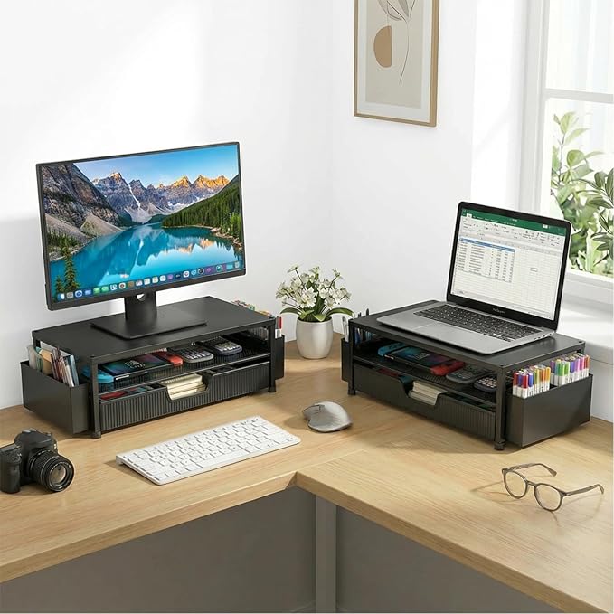 ECOLOVI Desk Organizer and Accessories, 2-Tier Computer Monitor Stand Rise with Storage Drawer & 2 Pen Holders, Laptop & Printer Stand for Desktop, Workspace Organizers for Office Supplies (Black 2-Pack))