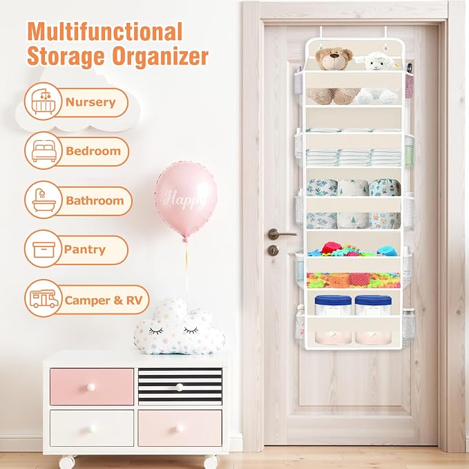 Over The Door Organizer Storage Large Capacity Hanging Bedroom Storage | 5 Shelves, 40 LB Capacity, Foldable Mesh Design, Clear Window, Sturdy, Large Storage Organizer for Nursery, Pantry & Closet