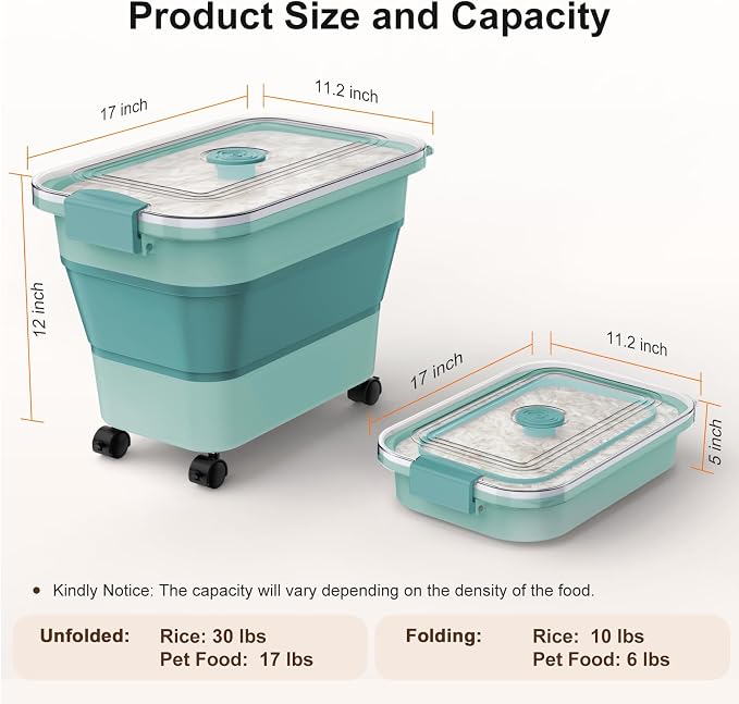 Rice Storage Container, Collapsible Airtight Food Storage Containers 20-30lbs with Clear Lid and Wheels, Rice Dispenser with Scoop for Flour Cereal Pasta Grain, Cat Pet Bird Dog Food Storage Container