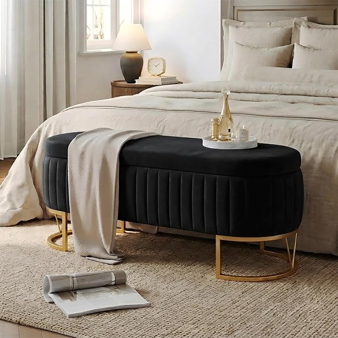 46" Storage Ottoman Bench, Velvet Oval End of Bed Bench Black | Easy 1-Min Assembly, High-Resilience Foam, Large Hidden Storage, Sturdy Gold Metal Legs
