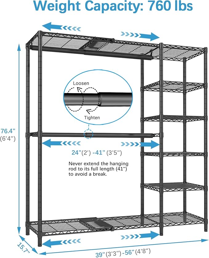 VIPEK X2 Expandable Clothes Rack Portable Closet Organizer System Black | Heavy Duty Closet Racks Adjustable from 3'3" to 4'8" with Shelves and Hanger Rods Reach-in Clothing Rack for Hanging Clothes