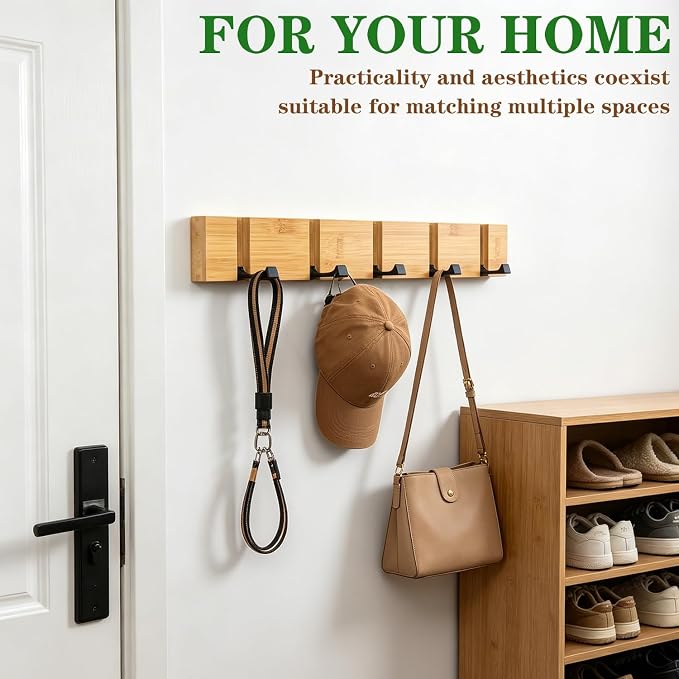 Wall Mounted Coat Rack, Heavy Duty Folding Coat Hooks Wood Retractable Wall Hooks for Hanging Purse Clothes Keys, Towel Hooks Rack for Bathroom Wall Coat Hanger for Entryway (5 Hooks,Nature)