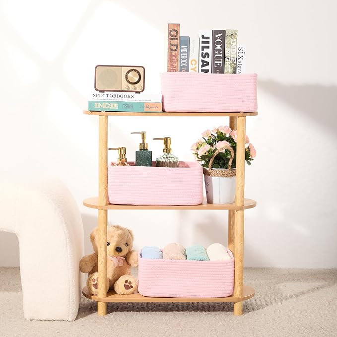 MiniArk Small Storage Baskets for Organizing | Closet Organizer Bins | Shelf Toy Basket | Woven Rope Baskets | Cube Decorative Box | Shallow Basket | 13x8.5x5.1” | 3 Packs Pink