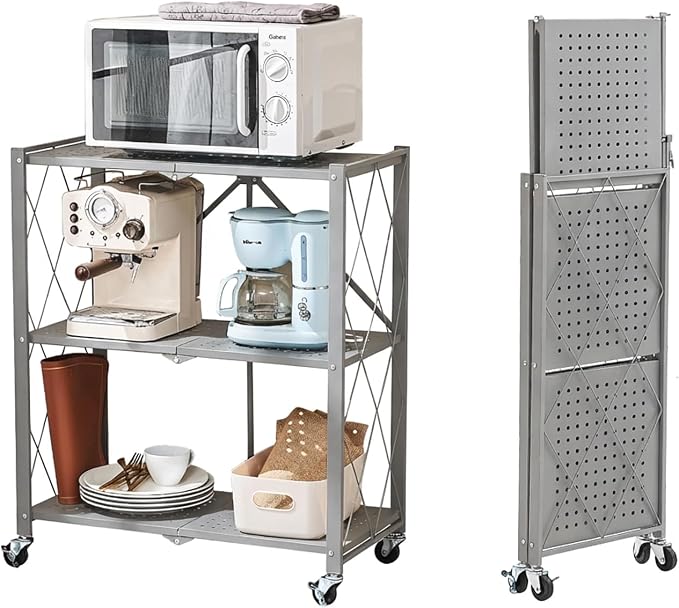 BRIAN & DANY 3-Tier Foldable Storage Shelves with Wheels, No Assembly Folding Shelf Metal Rack, Shelving Unit for Kitchen, Garage, Gray