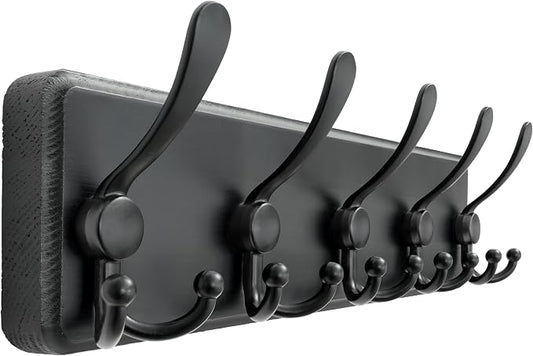 Coat Rack Wall Mounted - 5 Tri Hooks, Heavy Duty, Wooden Wall Coat Hanger Coat Hook for Clothes Hat Jacket Clothing, Black