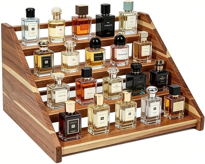 Acacia Wood 4 Tier Slanted Cologne Stand for Men, Wooden Fragrance Display Rack for Dresser Counter Bathroom Vanity