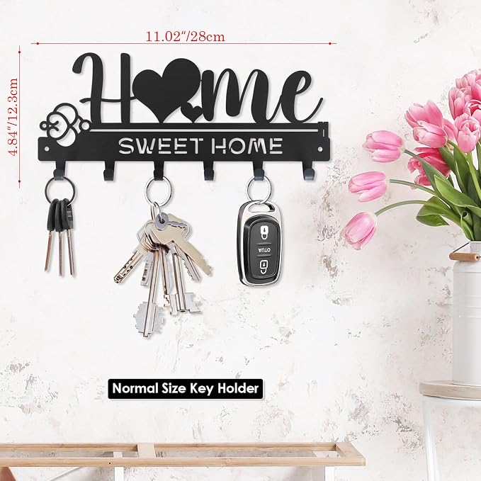 “Home Sweet Home”Key Holder wall Mount(Normal Size:11.02x4.84inches) | Simple Metal Decorative Key Hooks Rack for Entryway Front Door Hallway Garage Office