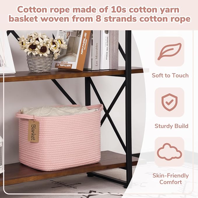 Goodpick Small Woven Storage Basket for Shelves, Cotton Rope, Pink | 13 x 10 x 9 in, Nursery, Bedroom & Bathroom Organization, Toys, Towels, Books & Baby Essentials Storage