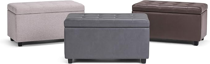 SIMPLIHOME Cosmopolitan 34" Wide Vegan Leather Storage Ottoman in Cream | Cloud grey, transitional storage ottoman with tufting and lift-up lid; rectangle storage bench for living room or entryway.