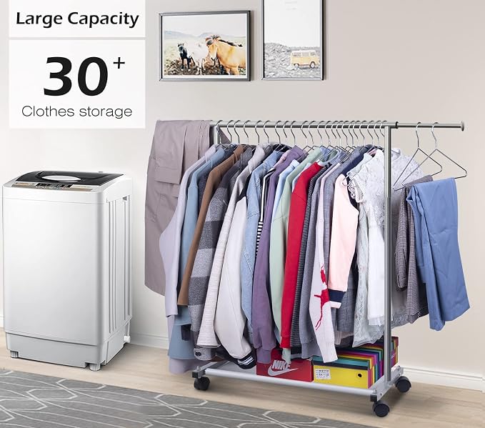 MISSLO Short Clothing Racks for Hanging Clothes with Bottom Shelves and Wheels Heavy Duty Rolling Clothes Rack Kids Clothing Rack for Adult Coat, Closet, Wardrobe
