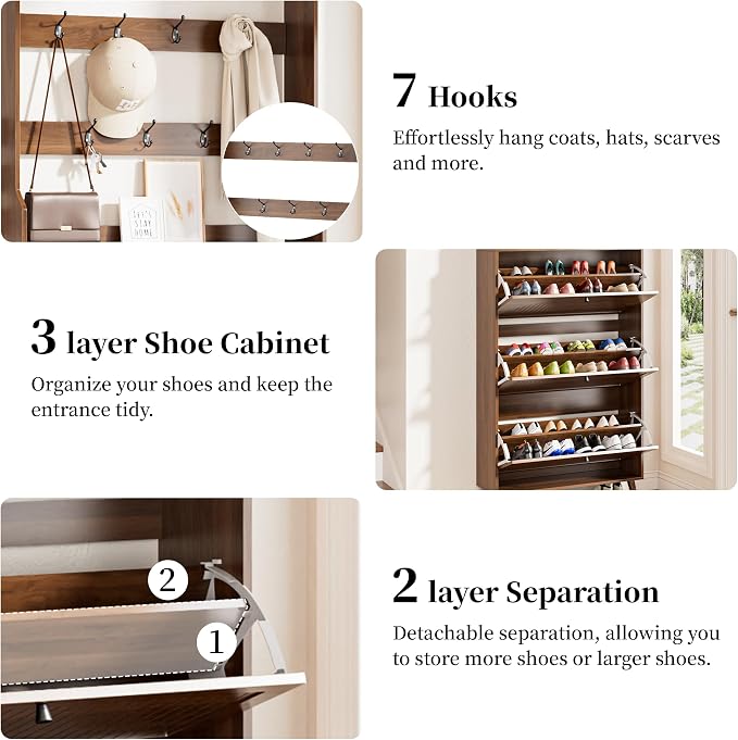 Fsbecl Shoe Storage Cabinet with 3 Fluted Flip Drawers & Coat Rack, Walnut | Slim Freestanding Shoe Organizer with Hidden Storage, Adjust Shelves, Wooden 2-in-1 Hall Tree for Entryway Foyer, 18-24 Pairs