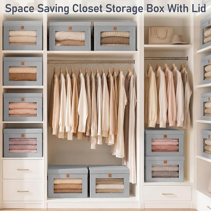 DIMJ Storage Bins with Lids - 4 Pack Front Opening Stackable Fabric Storage Boxes with Clear Window & Handles, Collapsible Closet Organizers for Clothes, Sweaters, Shelf Storage, Bedroom, Gray