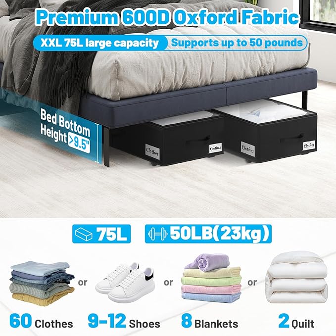 Under Bed Storage with Wheels, 2-Pack 10" Height XXL 75L Rolling Storage Bins, Quick Assembly Underbed Shoe Storage Containers with Clear Lid & Label, Dorm Under Bed Drawers for Clothes, Shoes, Black